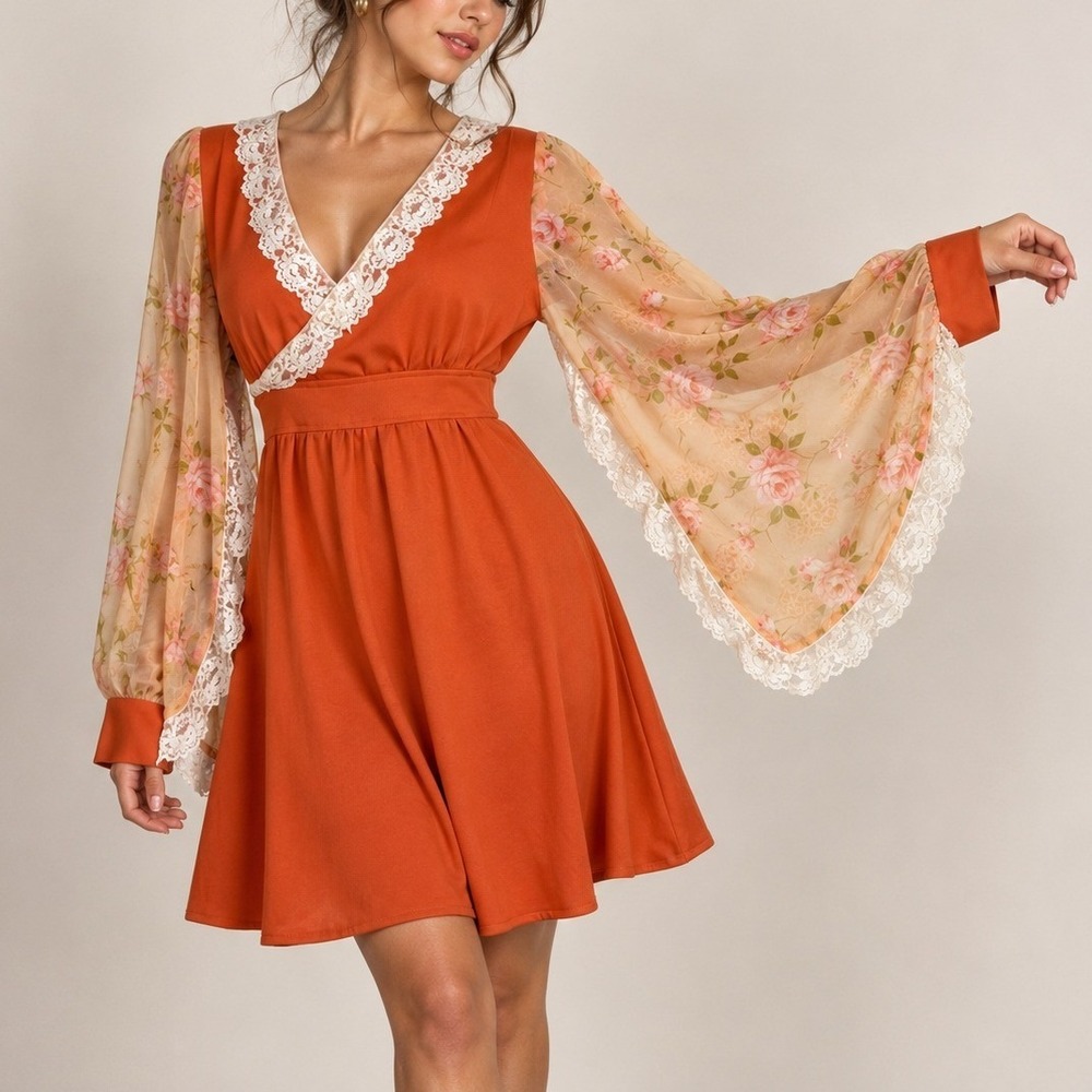 Unbranded Vtg Mini Dress Women M Orange 70s Lace Floral Sheer Sleeve Cottage